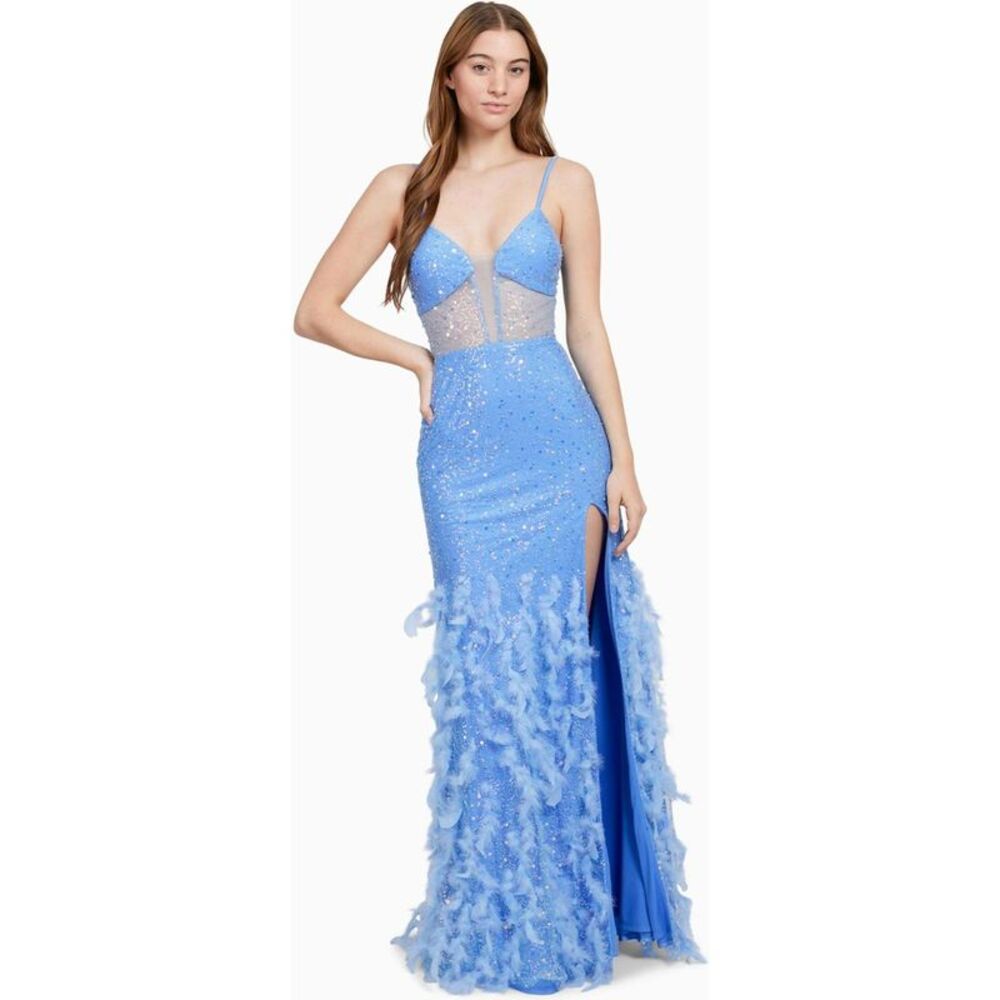 DEAR MOON Womens Juniors Embellished Feather Gown Dress, NWT